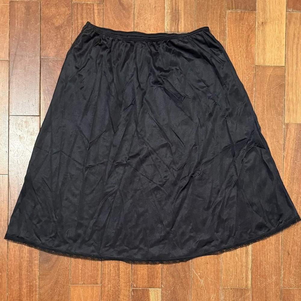 VTG 1970s 70s Greenco Maid USA Half Slip Flared Skirt Nylon Black‎ Lace Sz L 7